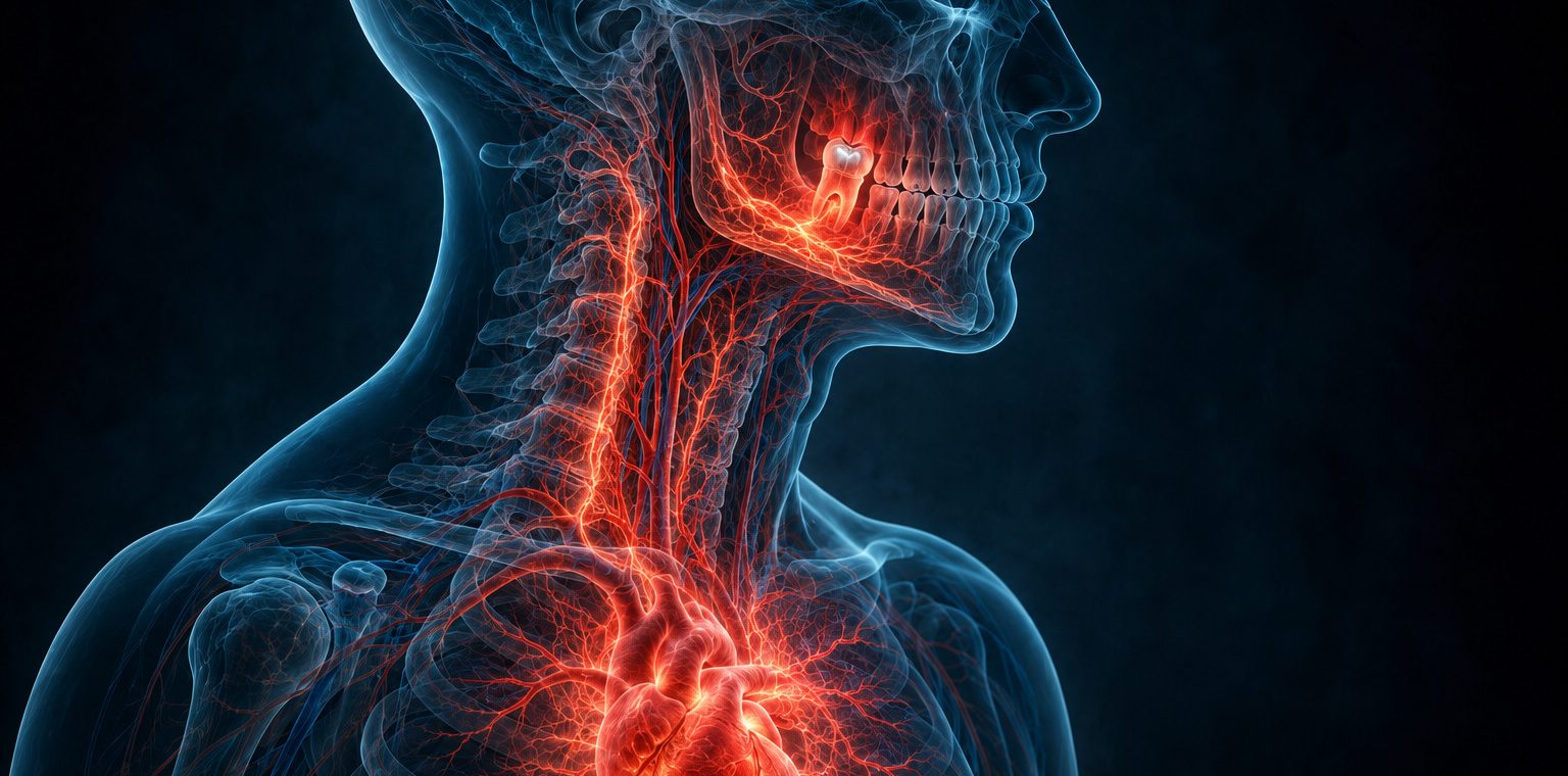 X-ray style illustration of a glowing tooth filling connected through blood vessels to the heart