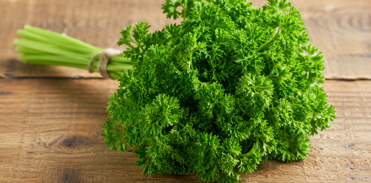 Fresh parsley bunch beside a green juice on a sunlit counter, illustrating apigenin and bladder cancer research