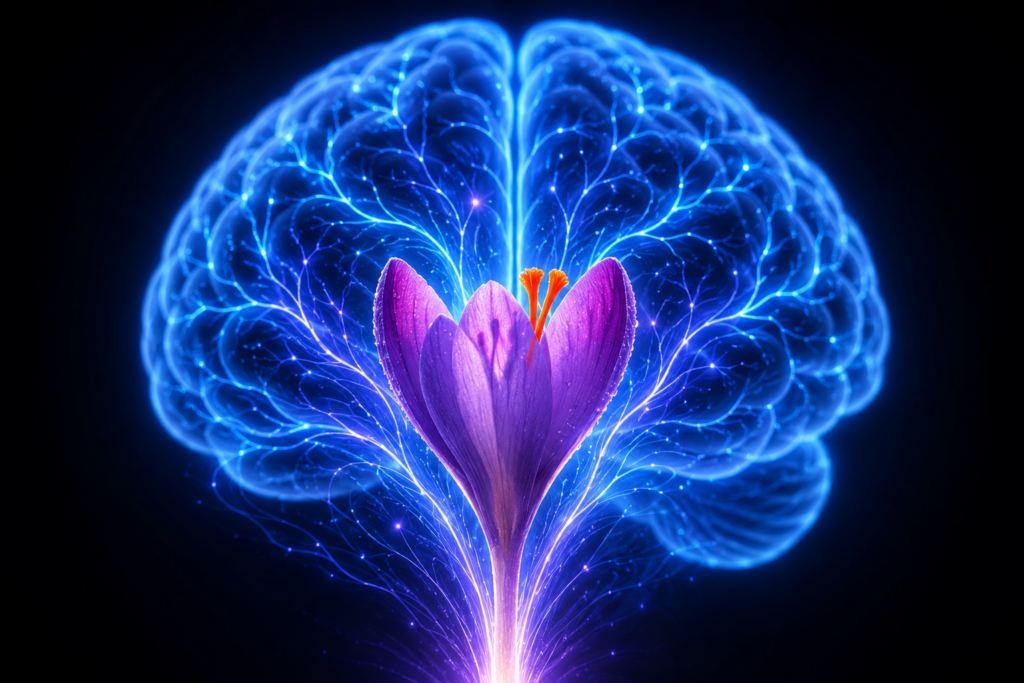 Saffron threads and crocus flowers beside a research notebook, illustrating a study on saffron extract and antidepressant effects.