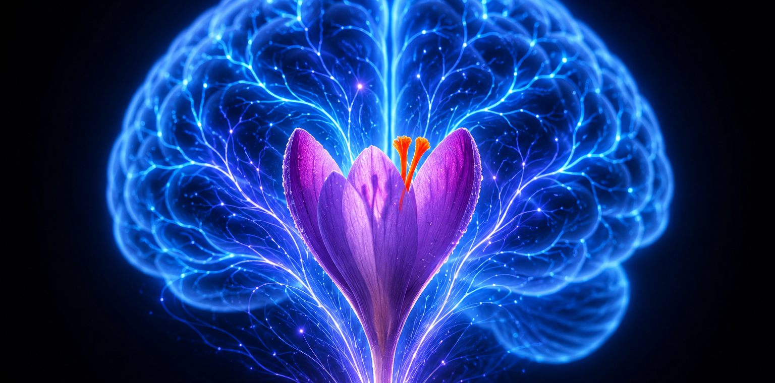 Saffron threads and crocus flowers beside a research notebook, illustrating a study on saffron extract and antidepressant effects.