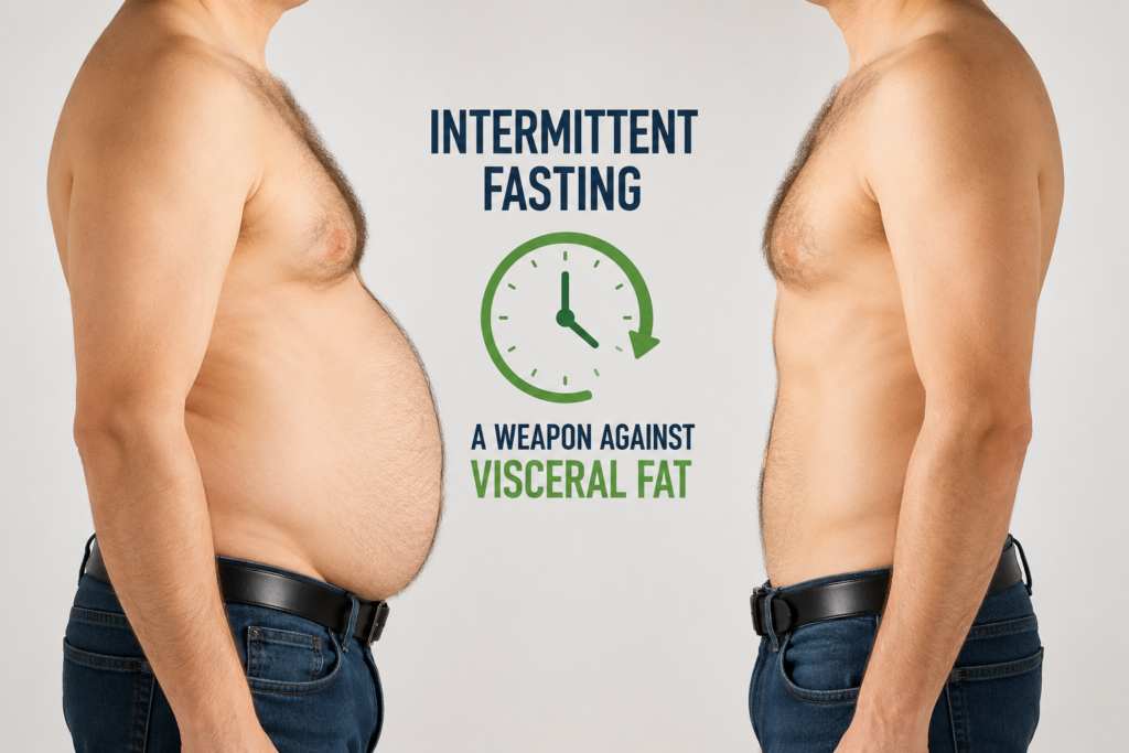 Time-restricted eating setup with fresh whole foods on a kitchen counter illustrating intermittent fasting and visceral fat research