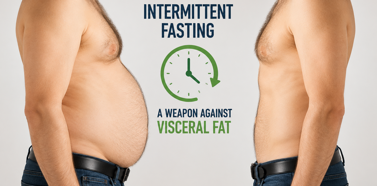 Time-restricted eating setup with fresh whole foods on a kitchen counter illustrating intermittent fasting and visceral fat research