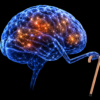 Diet soda, yogurt, and energy drink with holographic brain icons, illustrating a study linking artificial sweeteners to faster brain aging