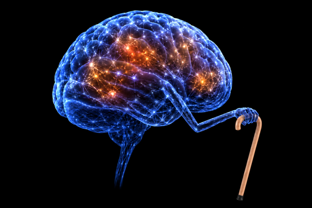 Diet soda, yogurt, and energy drink with holographic brain icons, illustrating a study linking artificial sweeteners to faster brain aging