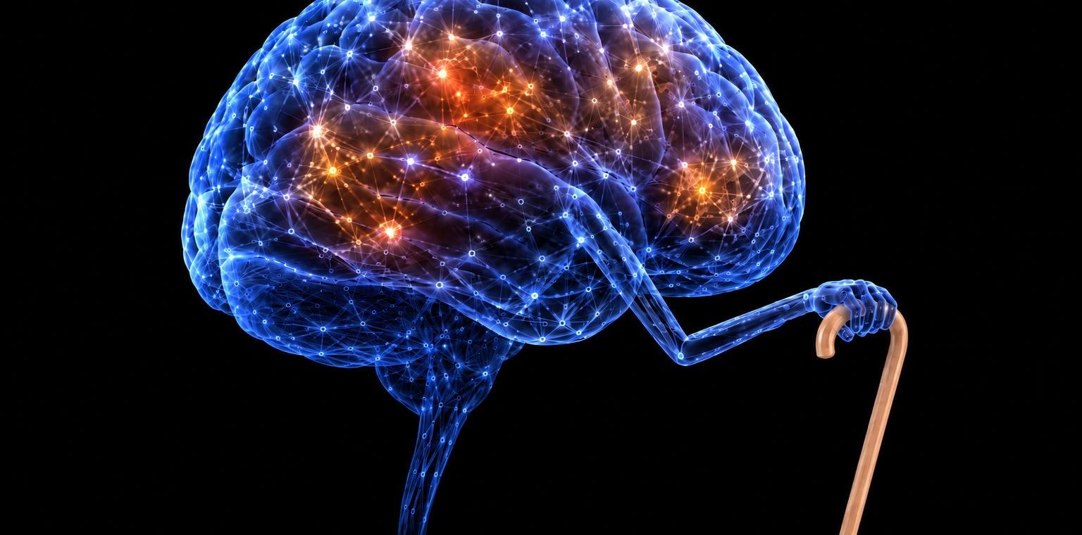 Diet soda, yogurt, and energy drink with holographic brain icons, illustrating a study linking artificial sweeteners to faster brain aging