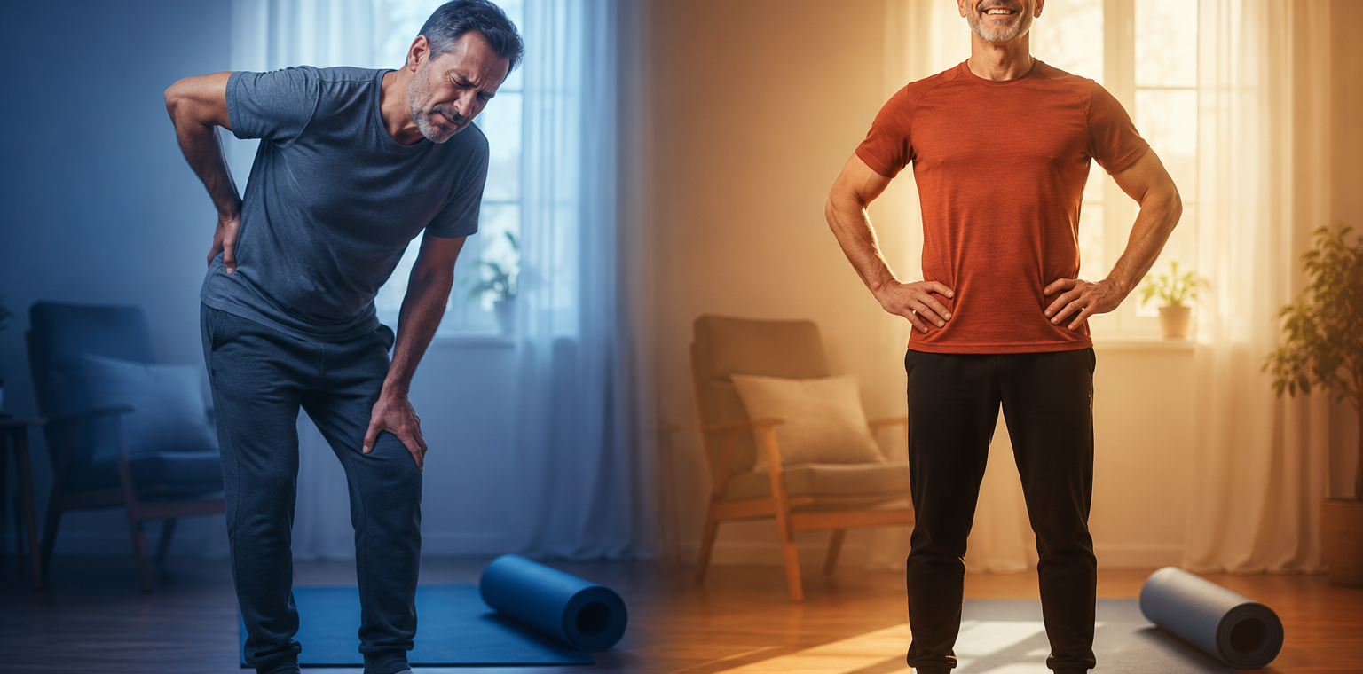 Older adult with back pain and a holographic robot projecting a spine diagram, illustrating study findings on disability risk.
