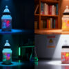 Scientist analyzing pesticide residues in infant formula samples in a laboratory, with holographic robot displaying chemical structures