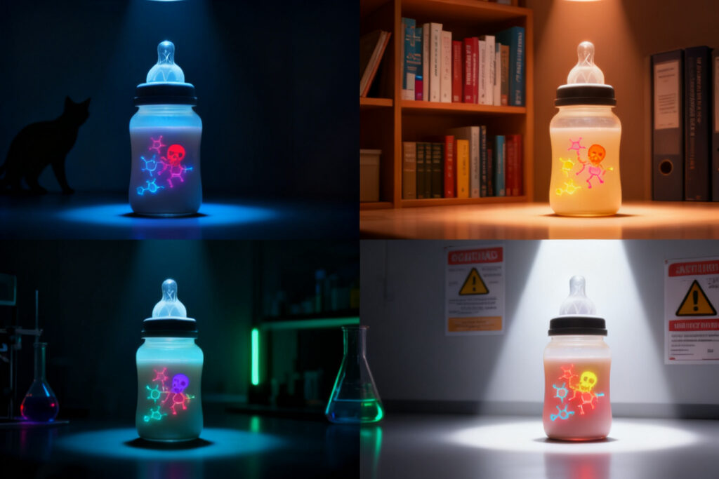 Scientist analyzing pesticide residues in infant formula samples in a laboratory, with holographic robot displaying chemical structures
