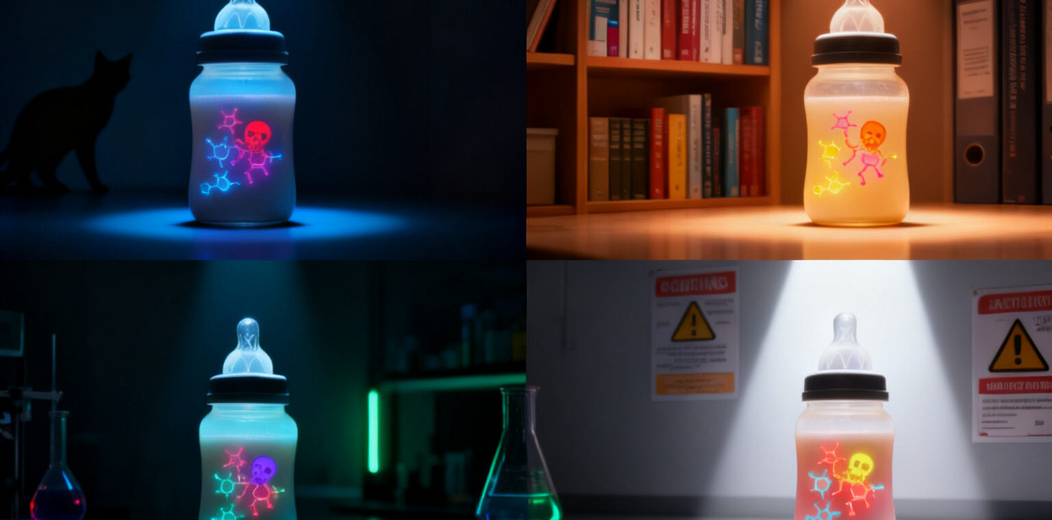 Scientist analyzing pesticide residues in infant formula samples in a laboratory, with holographic robot displaying chemical structures