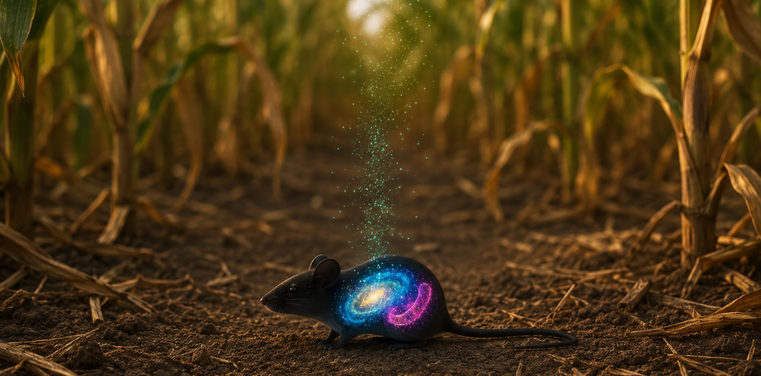 Lab mice in behavioral testing chambers alongside a glowing gut microbiota visualization, illustrating glyphosate microbiome study.