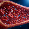 Holographic human heart with glowing microplastic particles in coronary arteries, representing a study linking microplastics in blood to severe heart attacks.