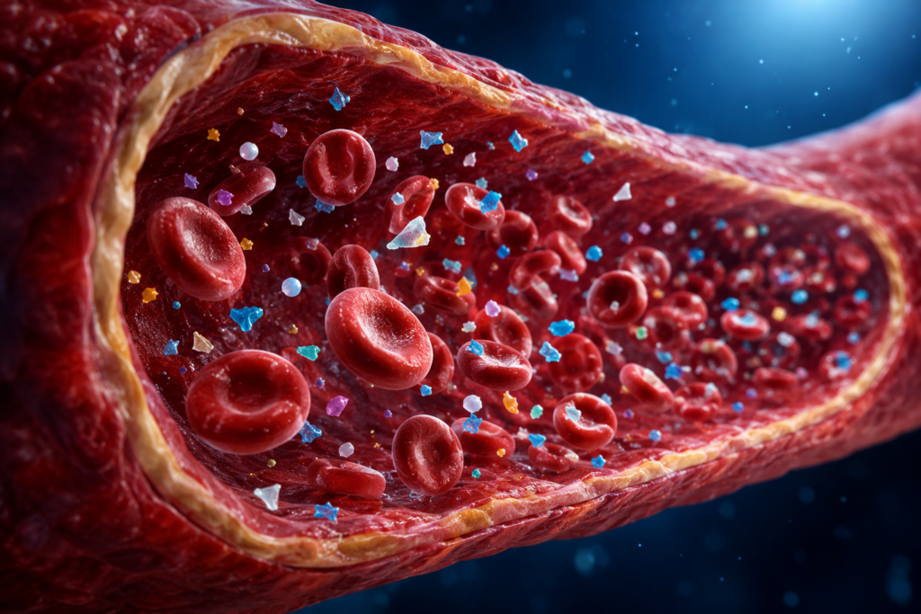 Holographic human heart with glowing microplastic particles in coronary arteries, representing a study linking microplastics in blood to severe heart attacks.