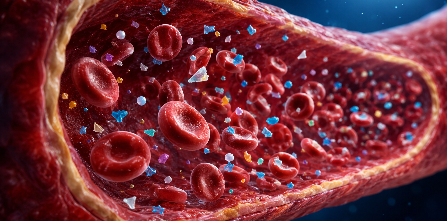 Holographic human heart with glowing microplastic particles in coronary arteries, representing a study linking microplastics in blood to severe heart attacks.