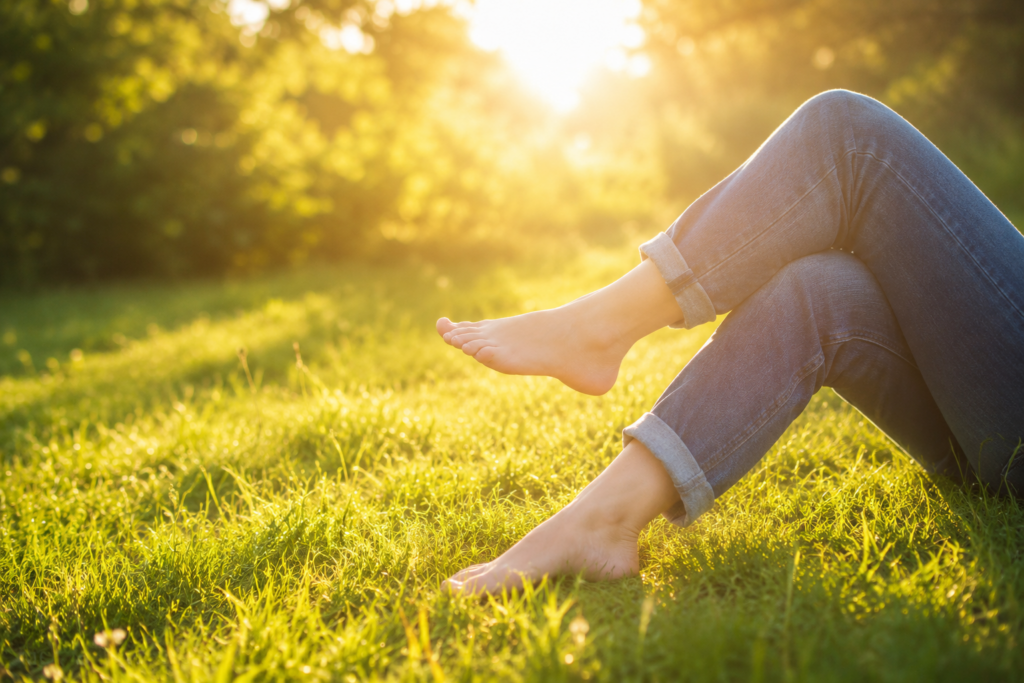 Person stepping from an indoor room into bright morning sunlight on a deck, illustrating sunlight as a natural antidepressant for indoor Americans.