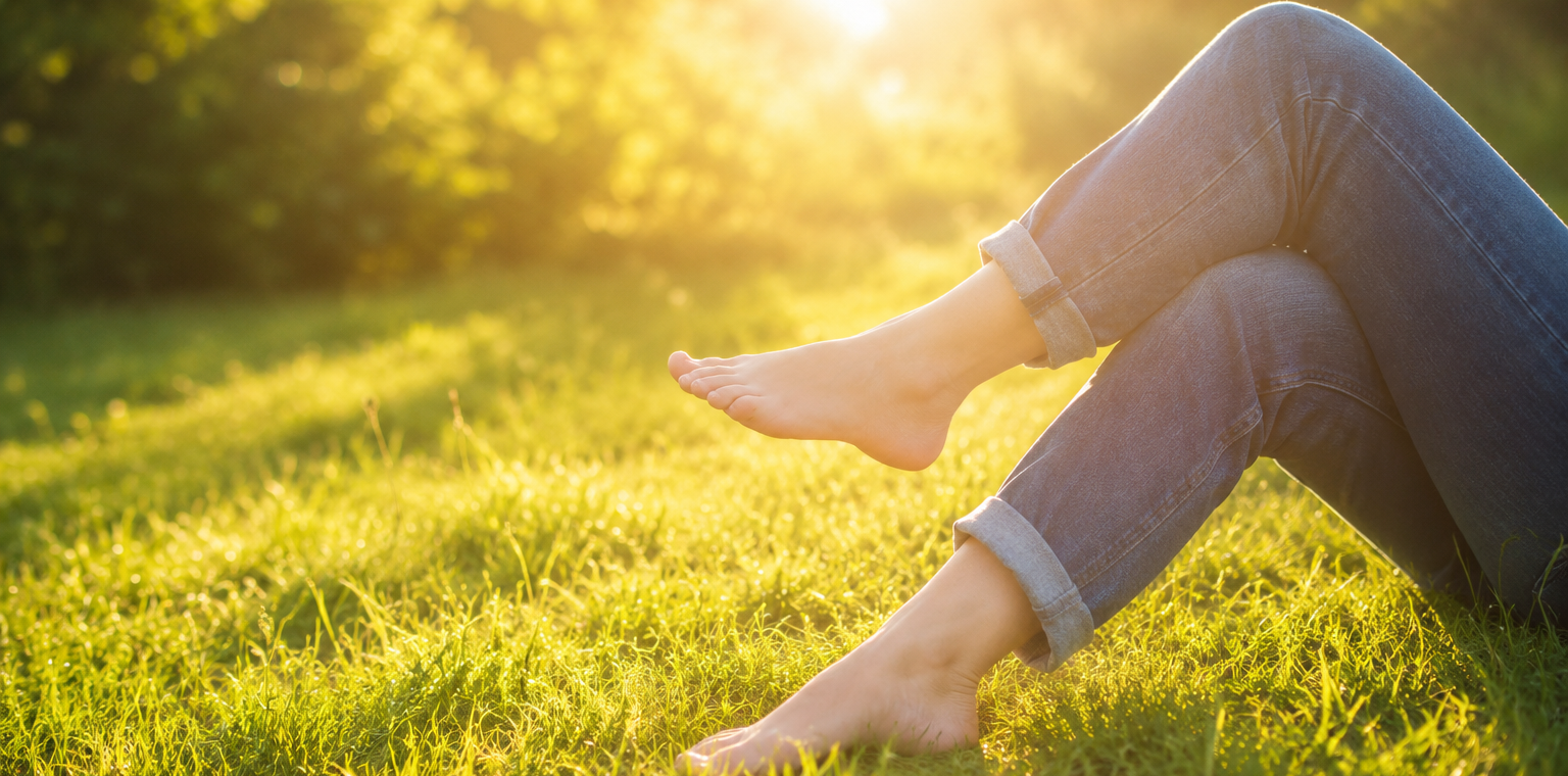 Person stepping from an indoor room into bright morning sunlight on a deck, illustrating sunlight as a natural antidepressant for indoor Americans.