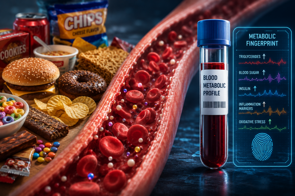 Laboratory blood sample analysis showing metabolic fingerprint from ultra-processed food study