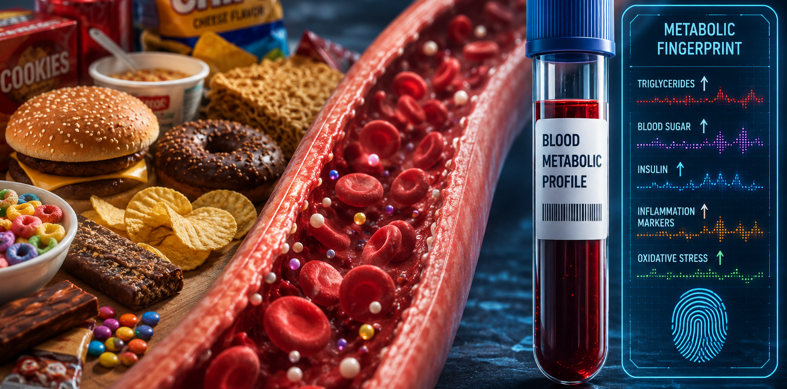 Laboratory blood sample analysis showing metabolic fingerprint from ultra-processed food study