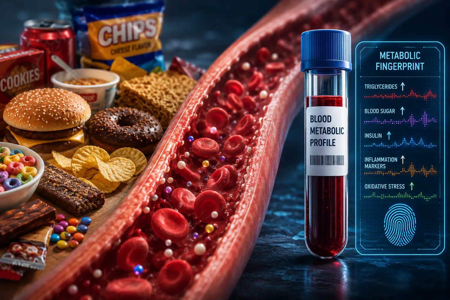 Laboratory blood sample analysis showing metabolic fingerprint from ultra-processed food study