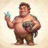 Cartoon caricature of an overweight man holding a syringe of glowing blue medicine in one hand and a small Gila monster lizard in the other, illustrating venom-derived weight-loss drugs.
