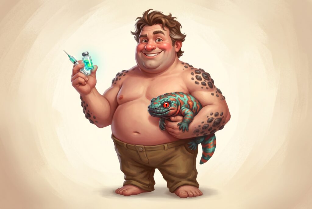 Cartoon caricature of an overweight man holding a syringe of glowing blue medicine in one hand and a small Gila monster lizard in the other, illustrating venom-derived weight-loss drugs.