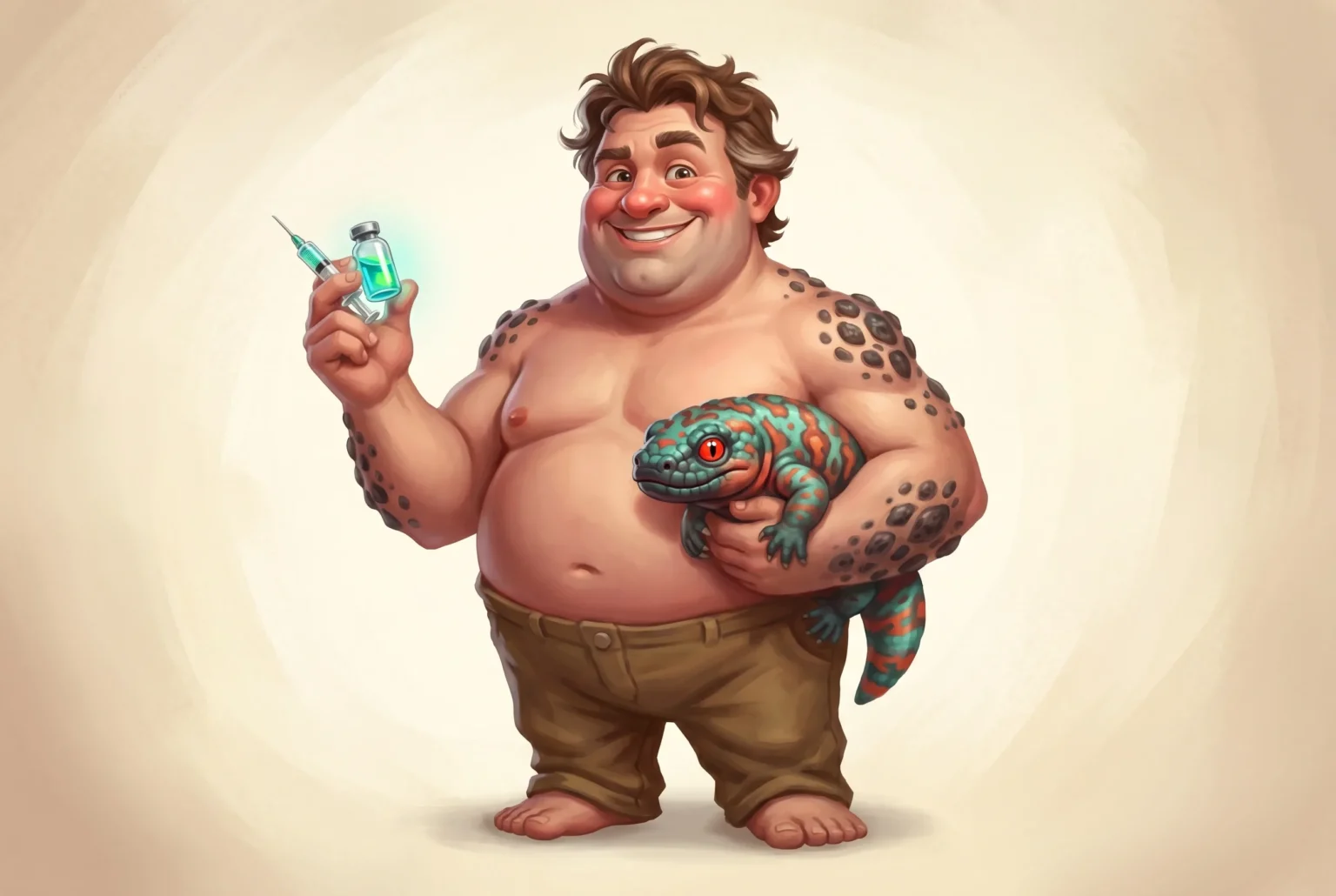 Caricatured man holding a syringe and a Gila monster representing venom weight loss drugs