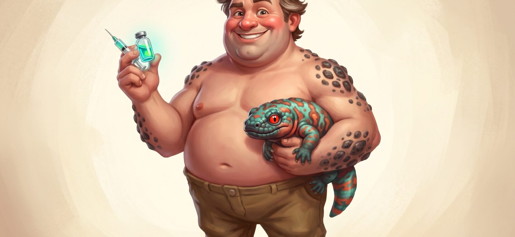Cartoon caricature of an overweight man holding a syringe of glowing blue medicine in one hand and a small Gila monster lizard in the other, illustrating venom-derived weight-loss drugs.