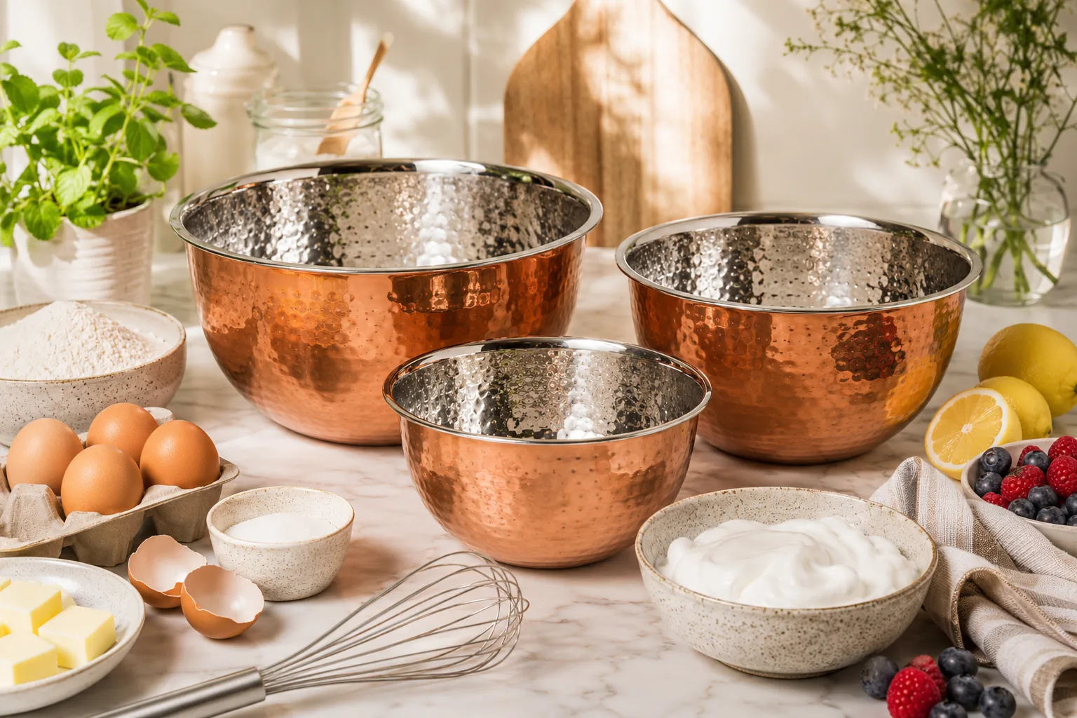 Copper mixing bowl on a kitchen counter with a whisk and eggs