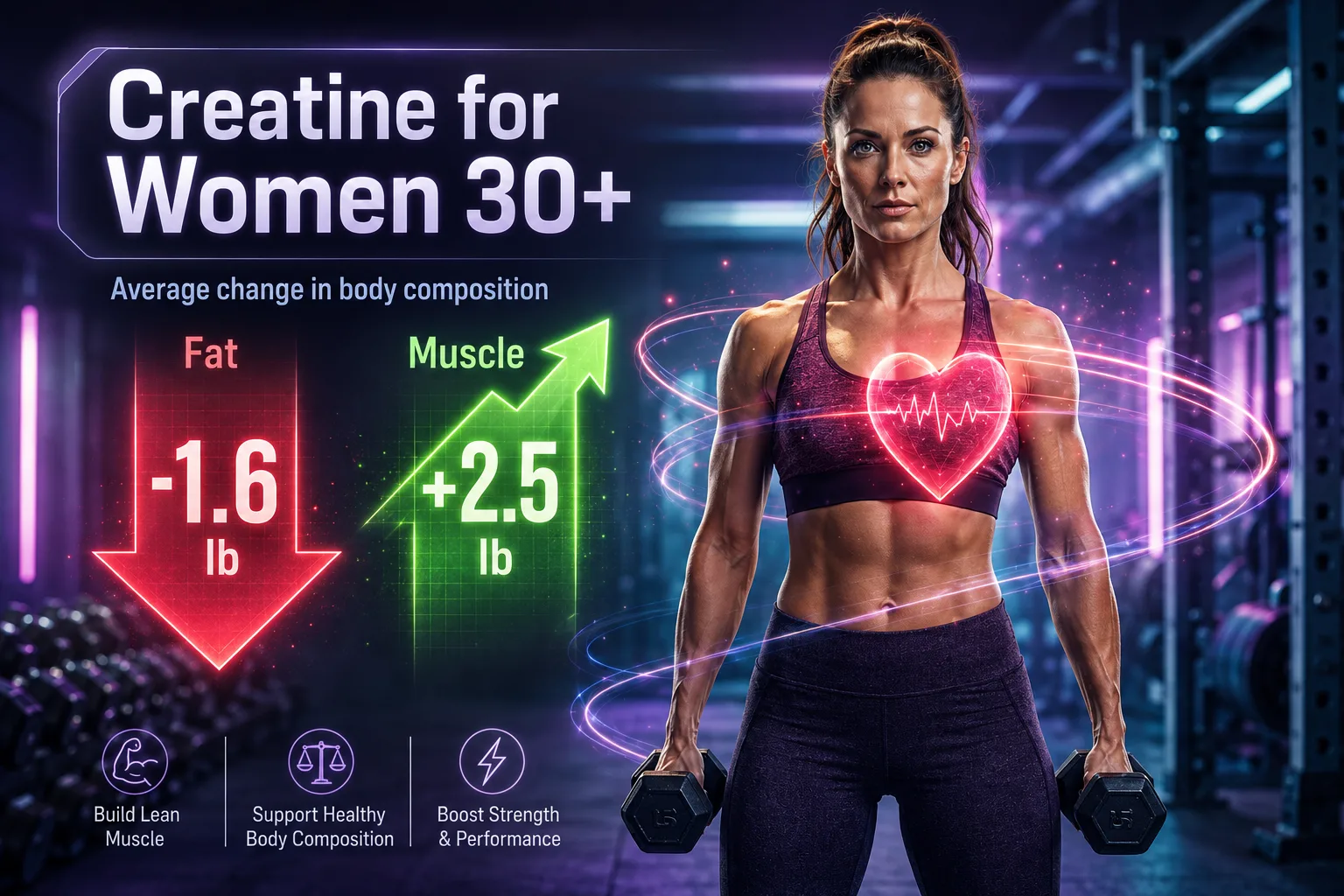 Woman over 30 lifting weights beside a creatine supplement jar for muscle building