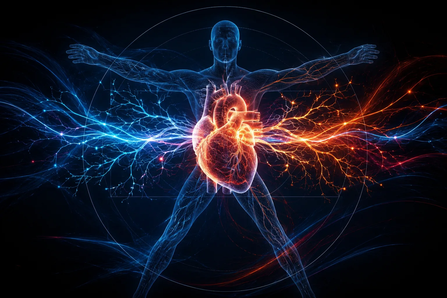 Illustration of heart connected to asymmetric stellate ganglia nerve clusters after exercise training