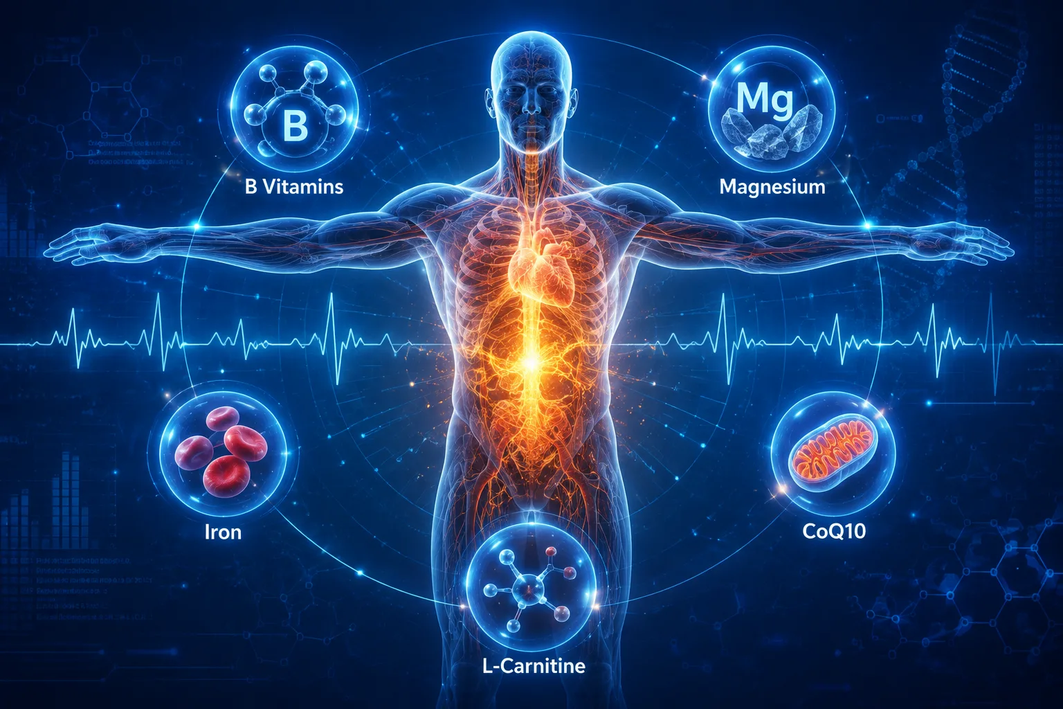 Energy-supporting whole foods including greens, B vitamins, creatine sources, iron, and sunlight