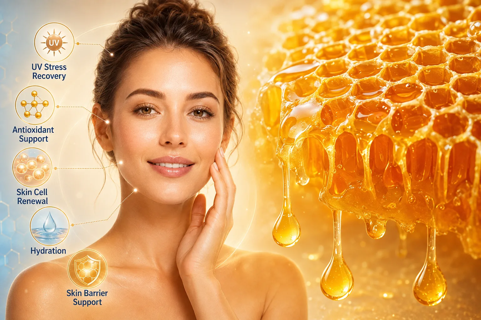 Honey in a petri dish beside skin cells under UV light study