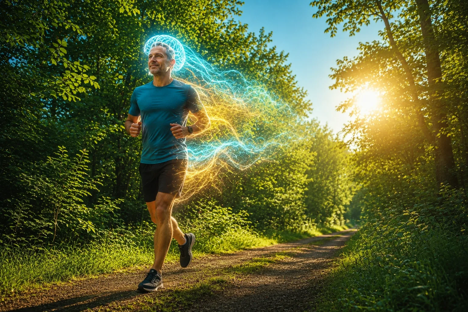 Middle-aged adults walking and cycling in a sunlit park for brain health study