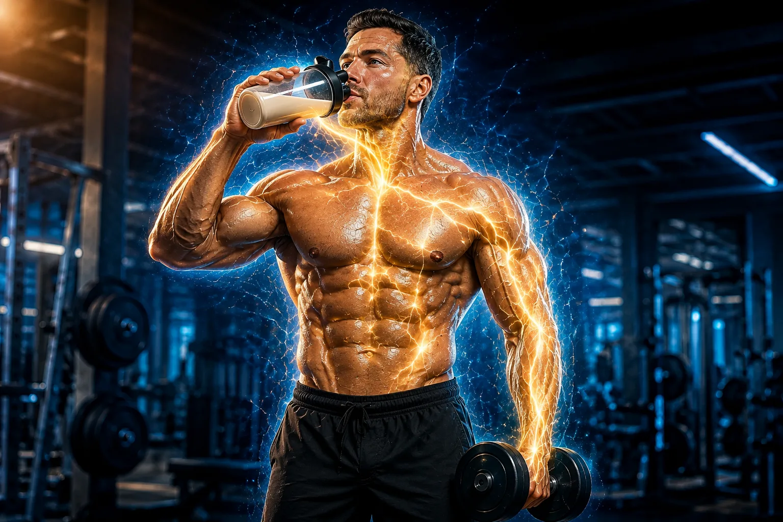 Older adult lifting a dumbbell beside a whey protein shake for muscle health