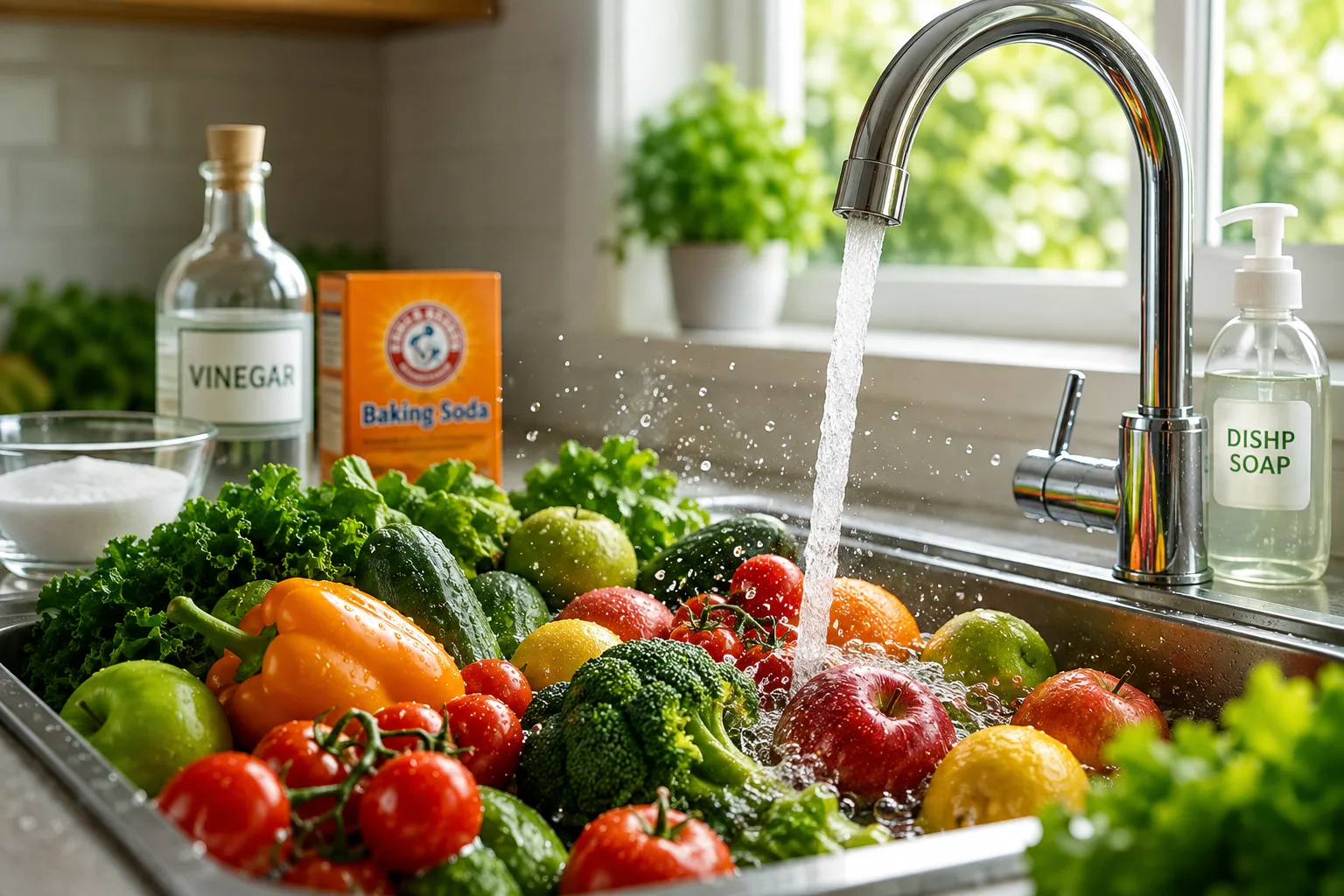 Produce being rinsed with baking soda and vinegar for home cleaning methods