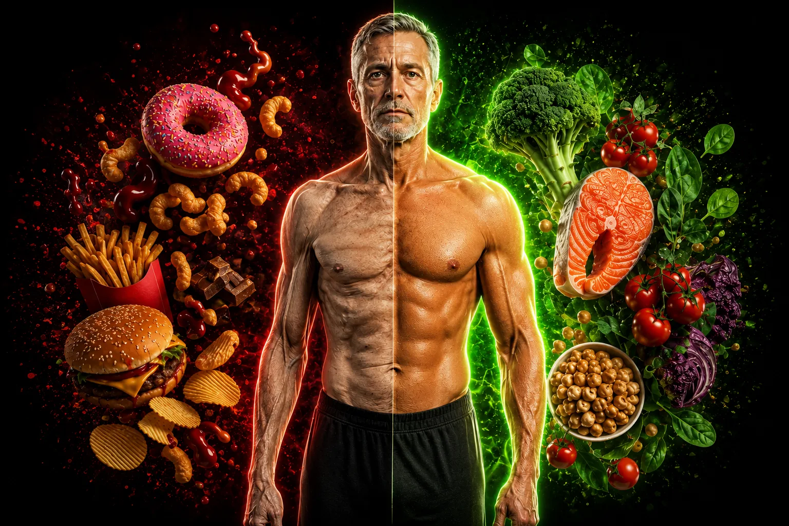 Ultra-processed foods contrasted with whole foods and older adults illustrating muscle loss study
