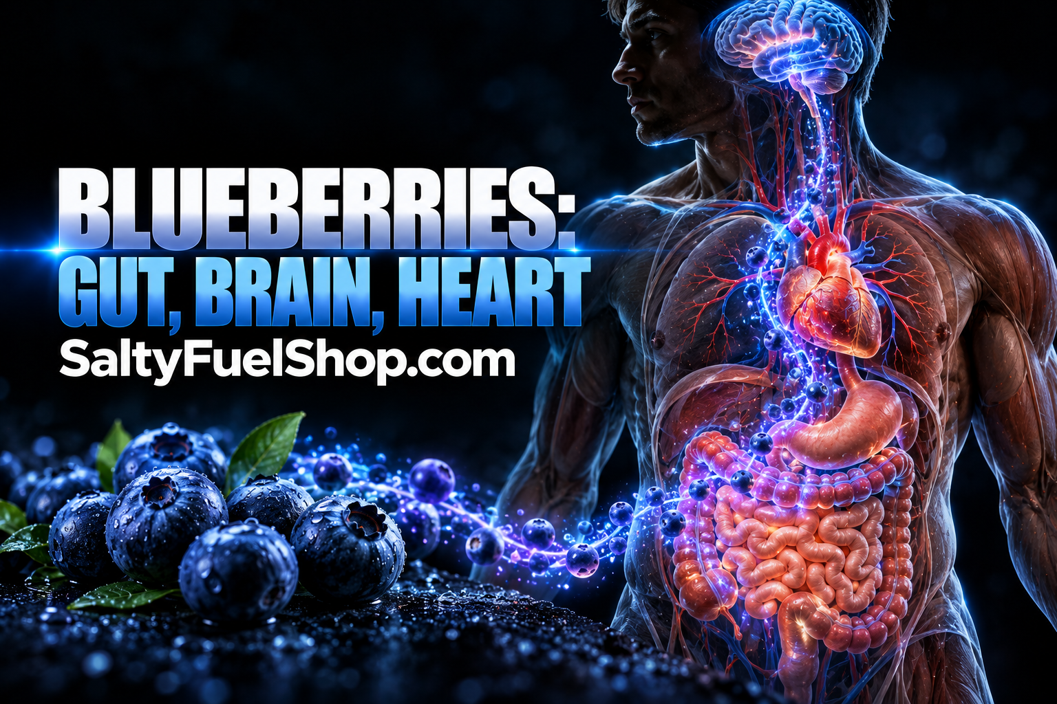 Blueberries health benefits highlighted across the human body's brain, heart, and gut
