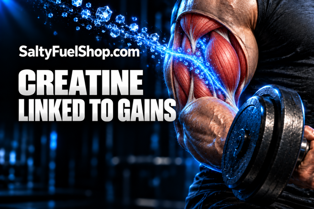 Muscular adult lifting a heavy dumbbell with glowing blue particles illustrating creatine lean mass