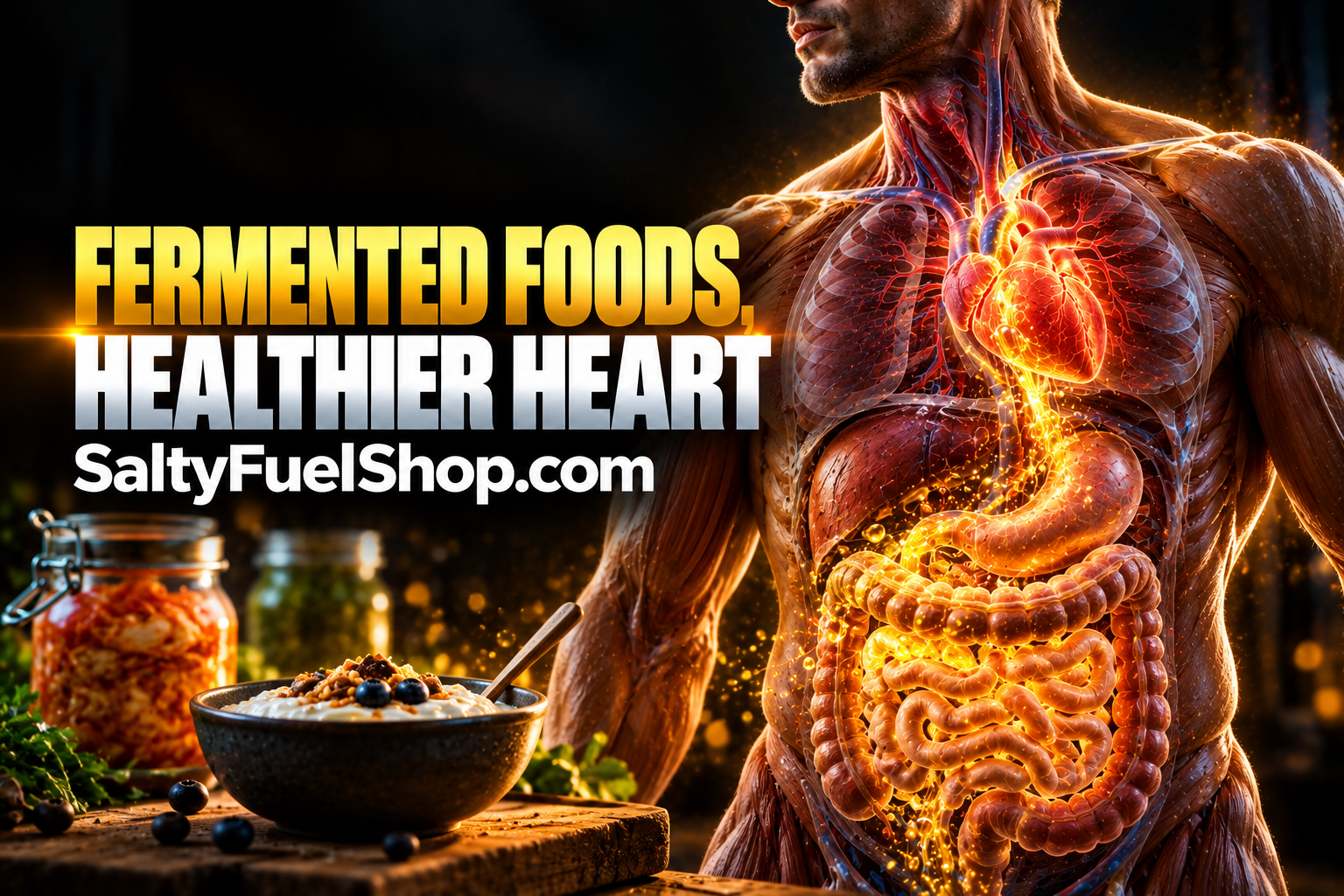 Fermented foods linked to Heart health beside glowing digestive anatomy