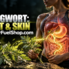 Mugwort health benefits shown Through a woman holding the herb near glowing digestive organs