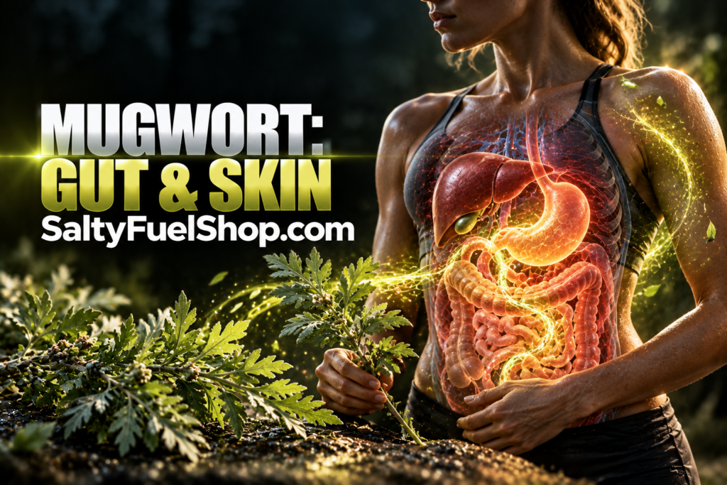 Mugwort health benefits shown Through a woman holding the herb near glowing digestive organs