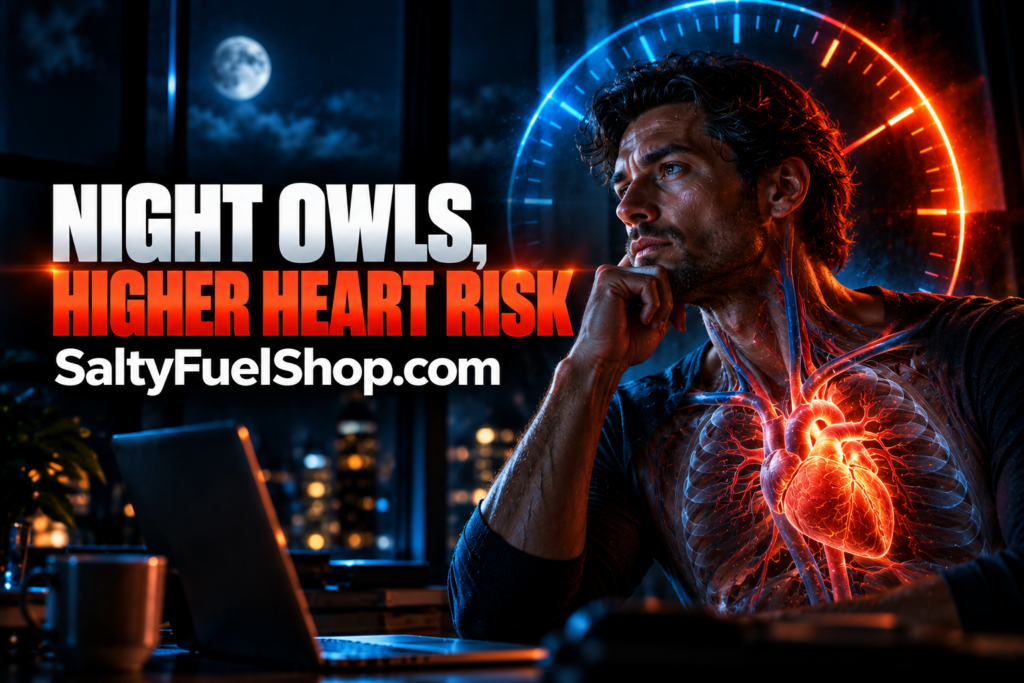 Night owl heart risk visualized through a tired man working late
