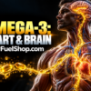 Anatomical man showing omega-3 health flowing toward glowing brain and heart