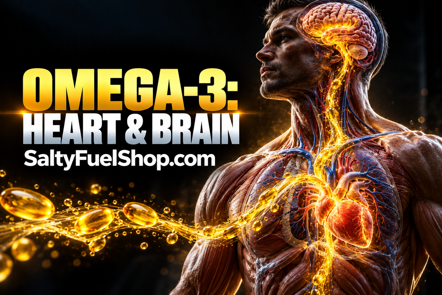 Anatomical man showing omega-3 health flowing toward glowing brain and heart