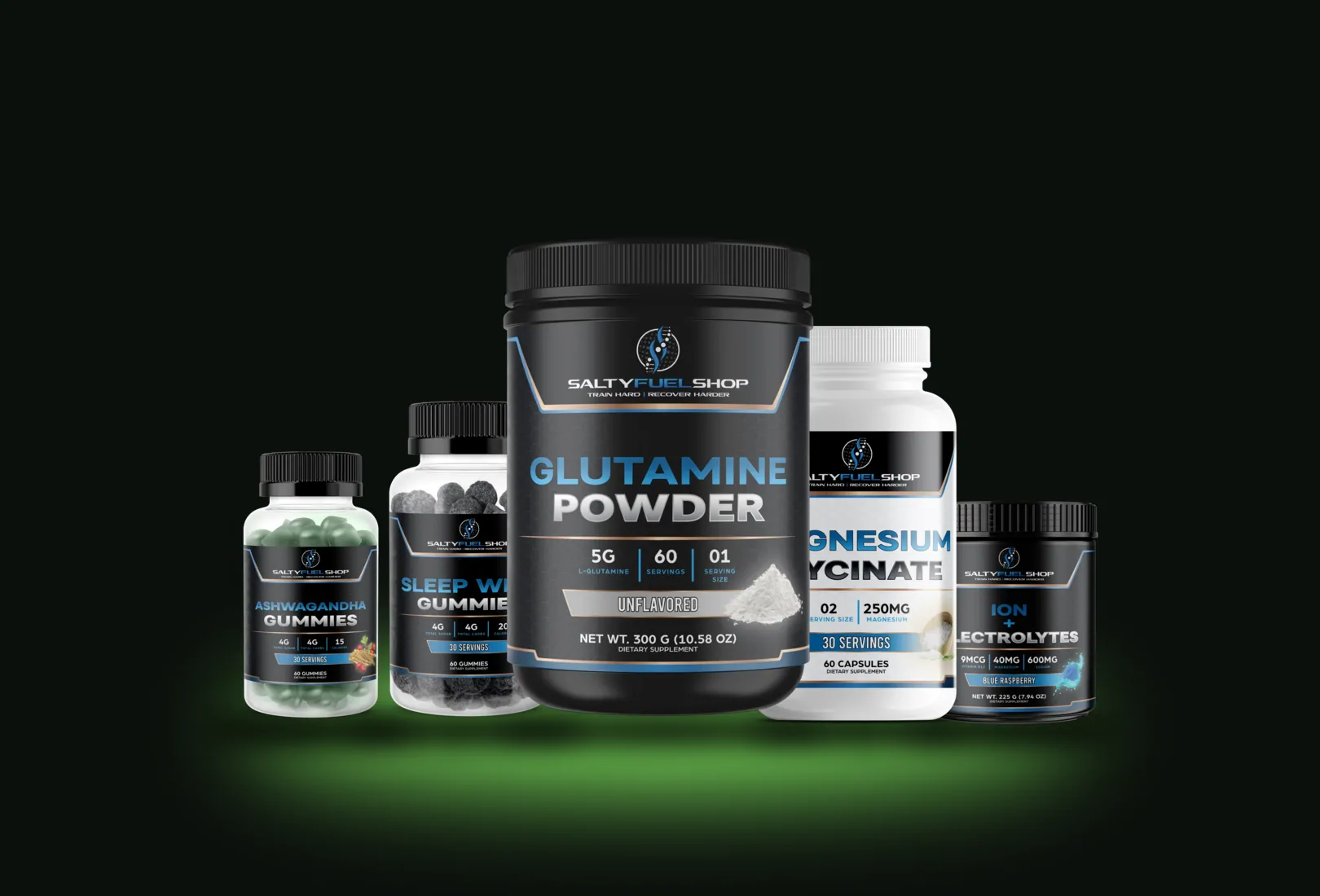 Salty Restore bundle: SLEEP Well Gummies, MAGNESIUM — Magnesium Glycinate, CALM Ashwagandha Gummies, ELECTRO – ION + Electrolytes, GLUTAMINE
