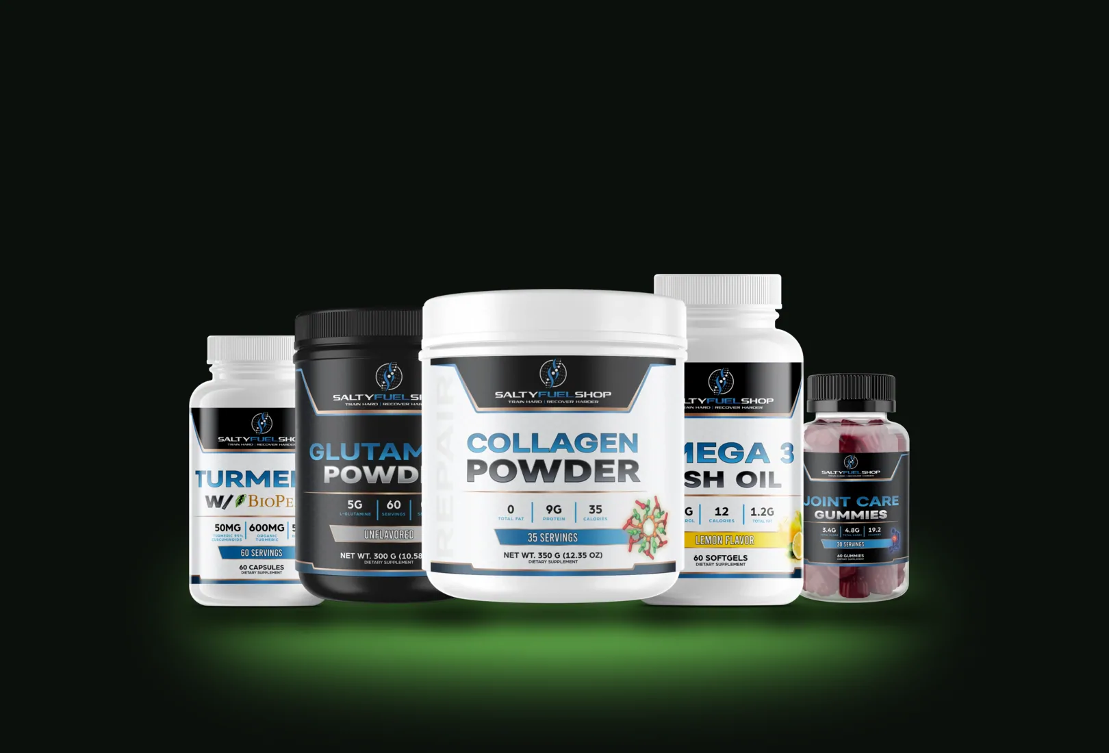 Salty Repair bundle: TURMERIC w/ BioPerine, JOINT Care Gummies, COLLAGEN Powder, OMEGA — Omega 3 Fish Oil, GLUTAMINE