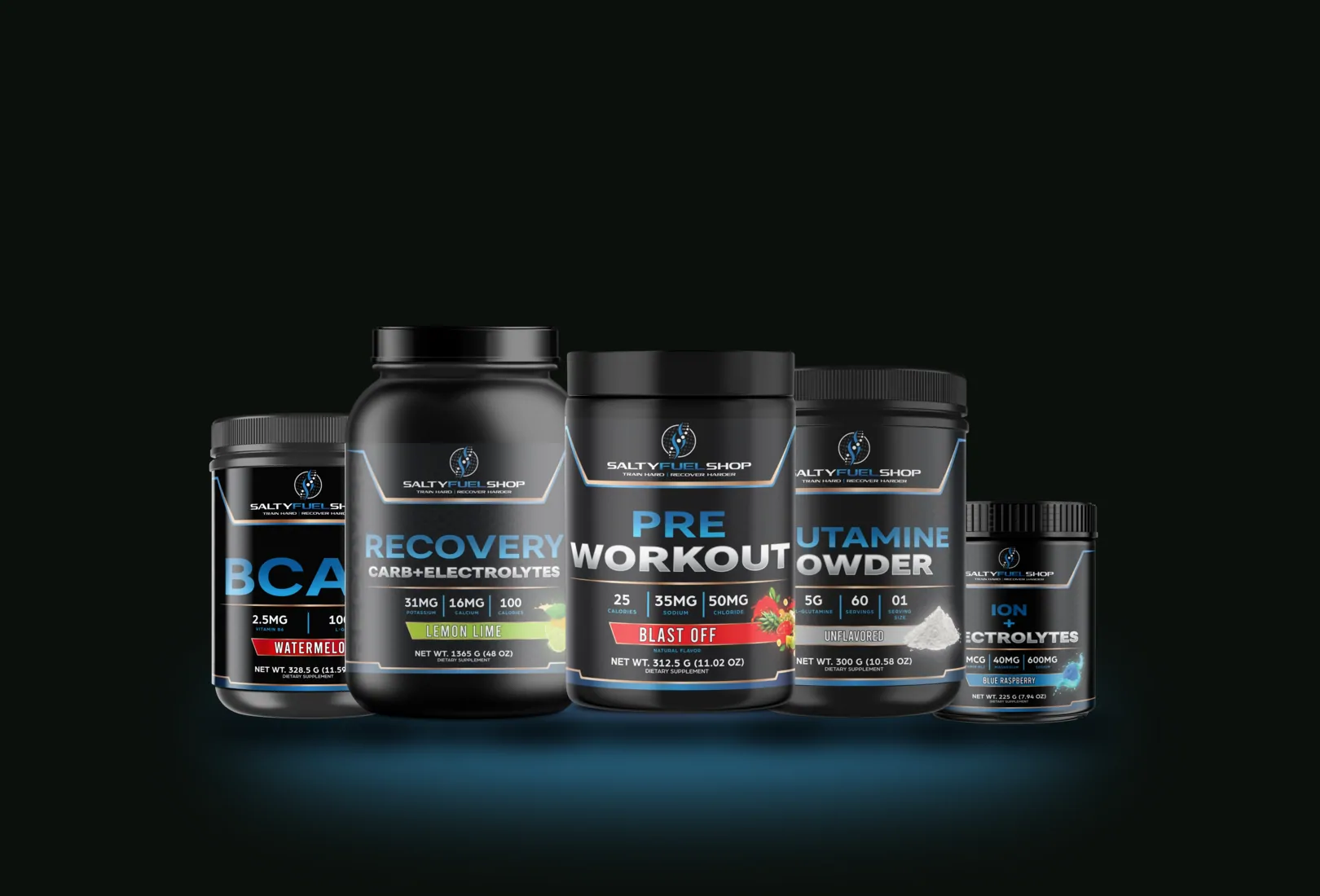 Salty Charge bundle: PUMP Pre-Workout – Blast-Off, SURGE BCAA – Watermelon, RECOVER – Carb + Electrolytes Lemon Lime, GLUTAMINE, ELECTRO – ION + Electrolytes