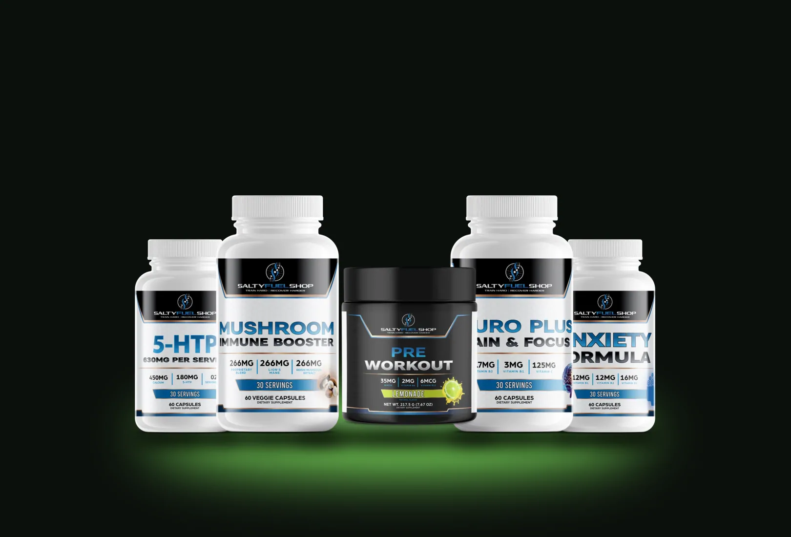 Salty Edge bundle: Neuro Plus Brain and Focus, 5-HTP, SHROOM — Mushroom Immune Booster Chaga, Cordyceps, Reishi and Lion’s Mane., Anxiety Formula, ENERGY Pre-Workout – Lemonade