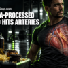 Man with visible arteries beside ultra-processed food illustrating atherosclerosis risk