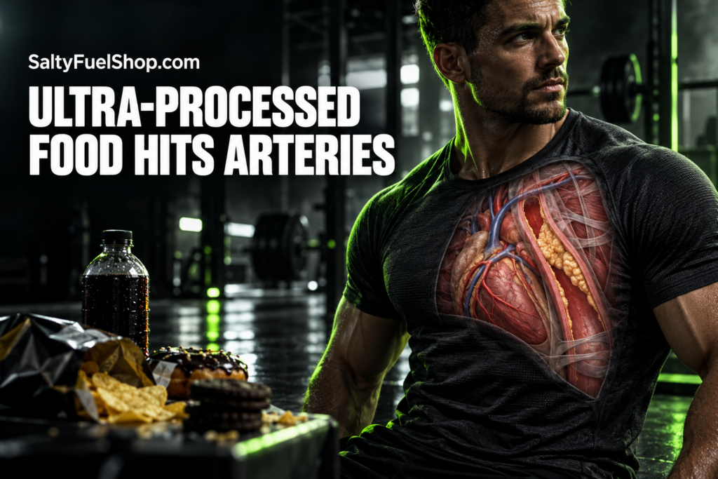Man with visible arteries beside ultra-processed food illustrating atherosclerosis risk