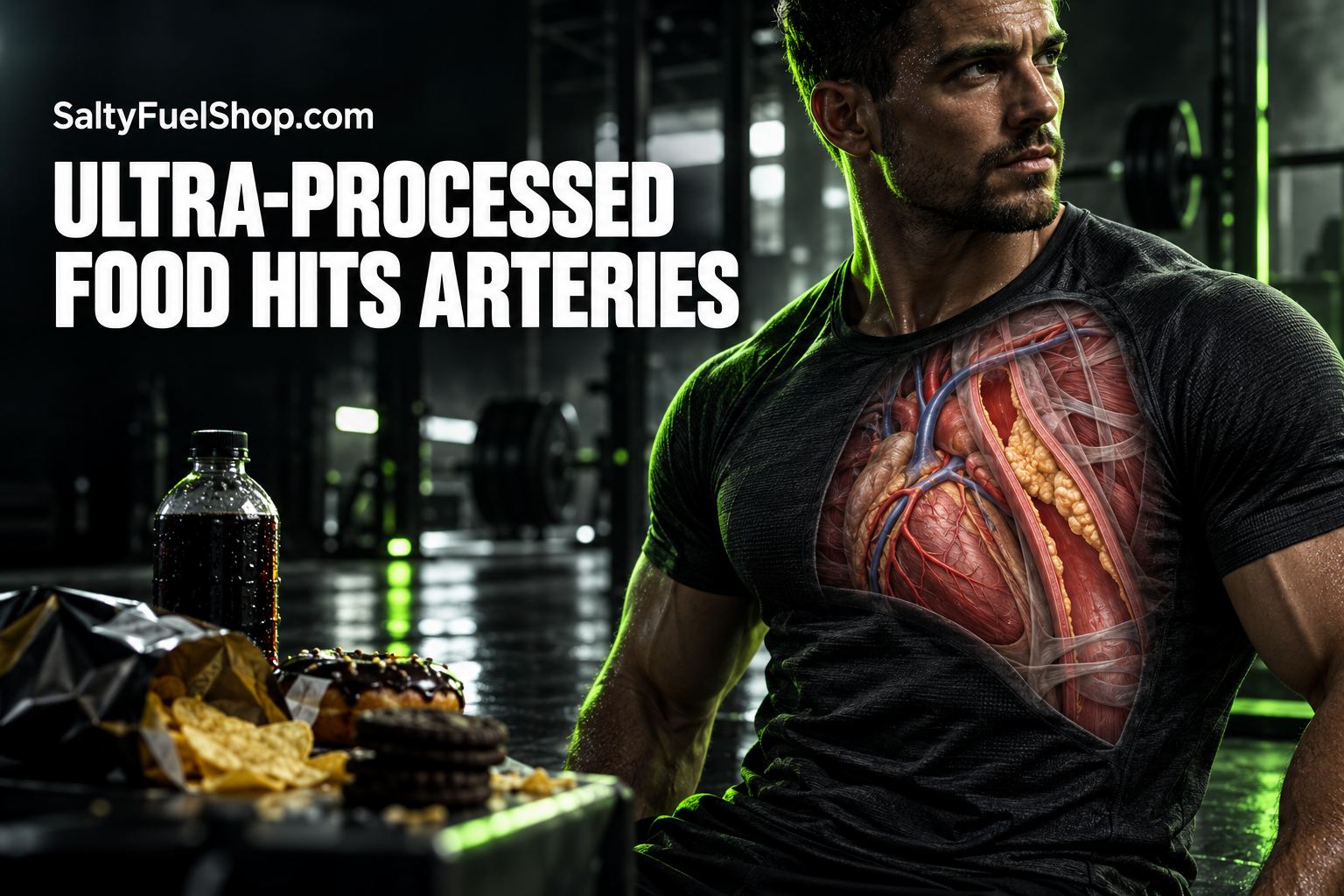 Man with visible arteries beside ultra-processed food illustrating atherosclerosis risk